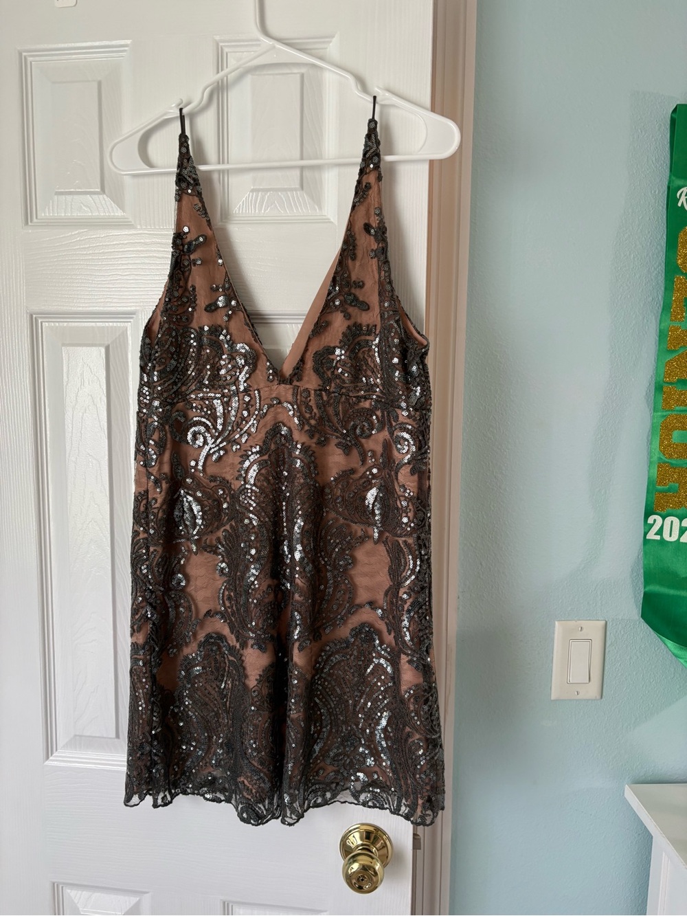 Sequined V-Neck Slip Dress in Brown and Black
